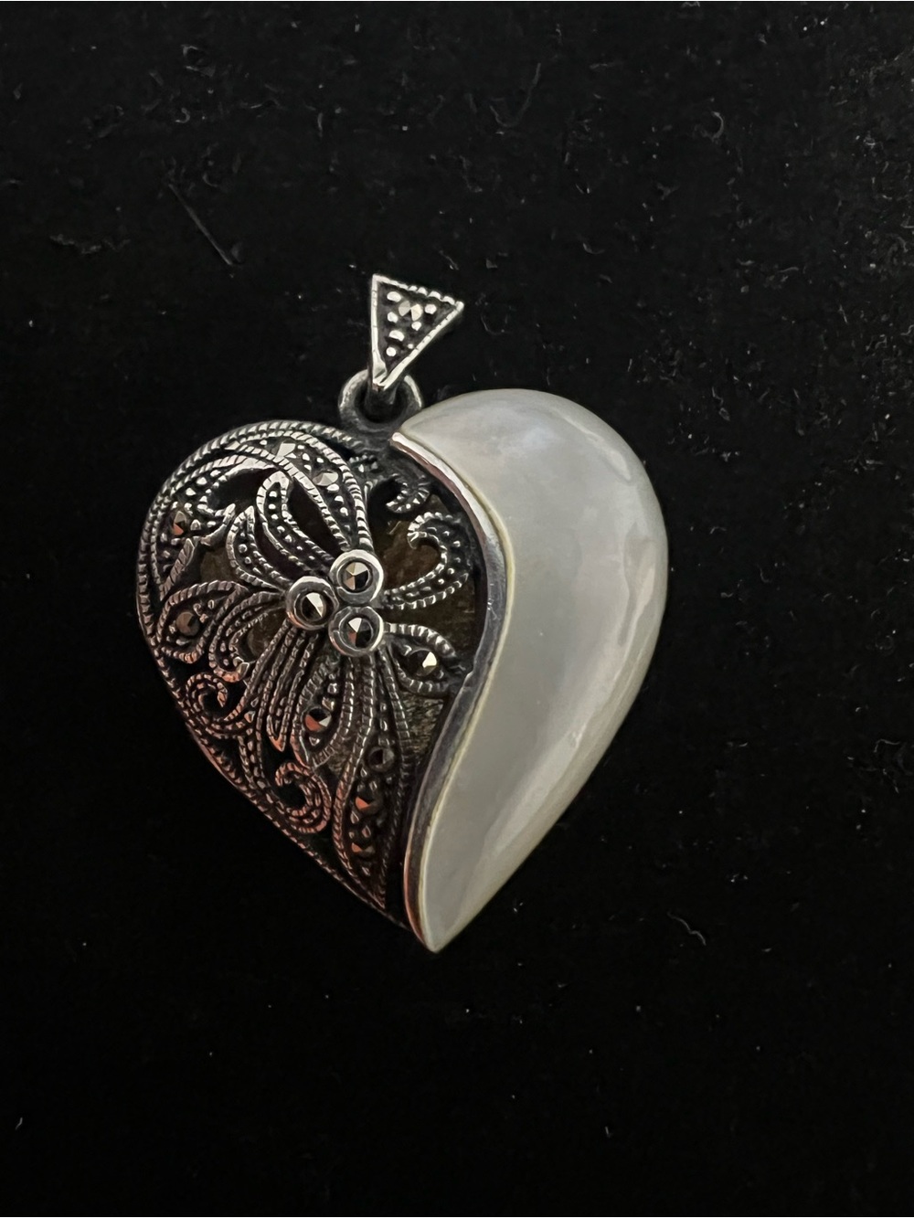 925 STERLING SILVER MOP AND MARCASITES HEART SIGNED LOCKET